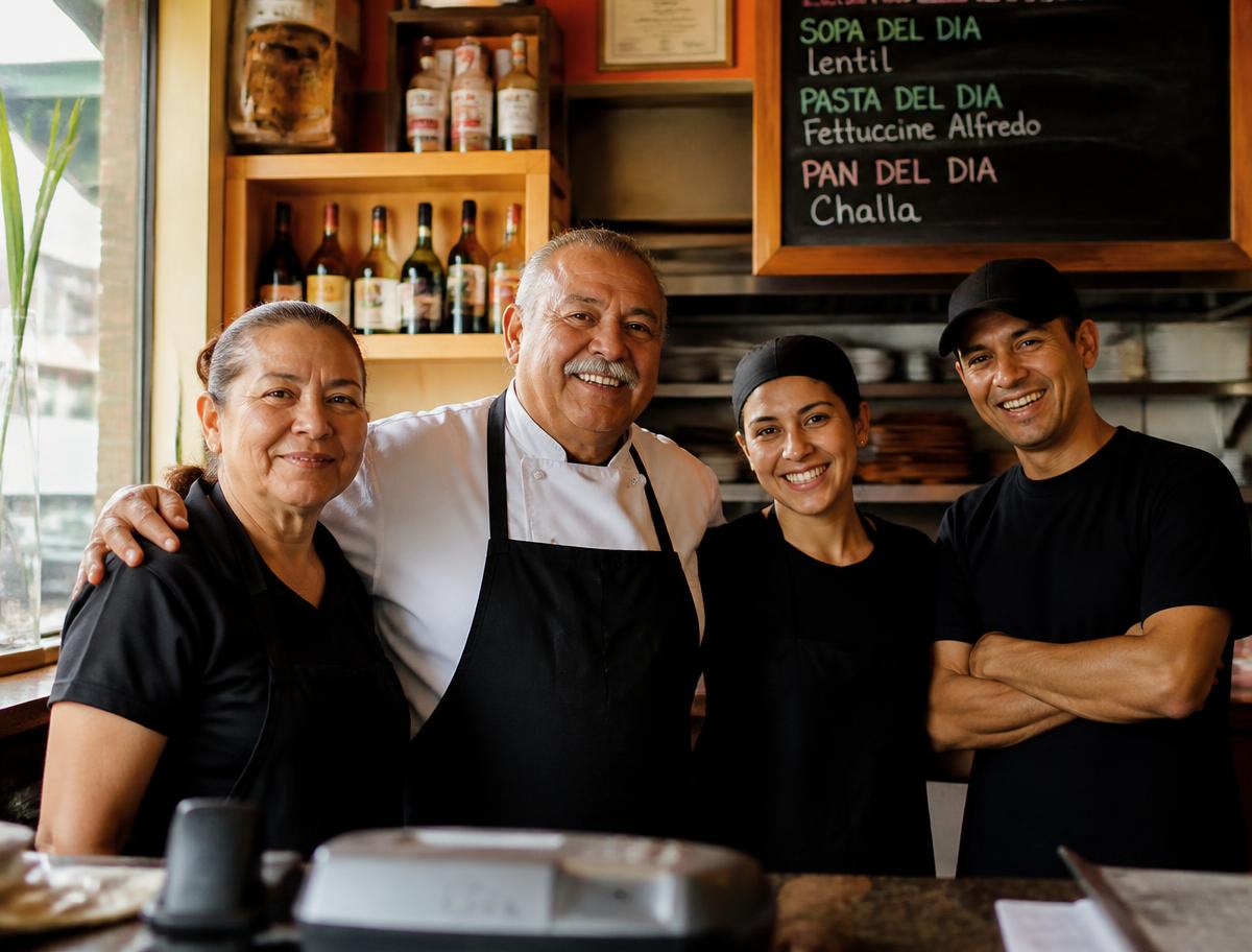Family restaurant owners and staff smiling behind the counter