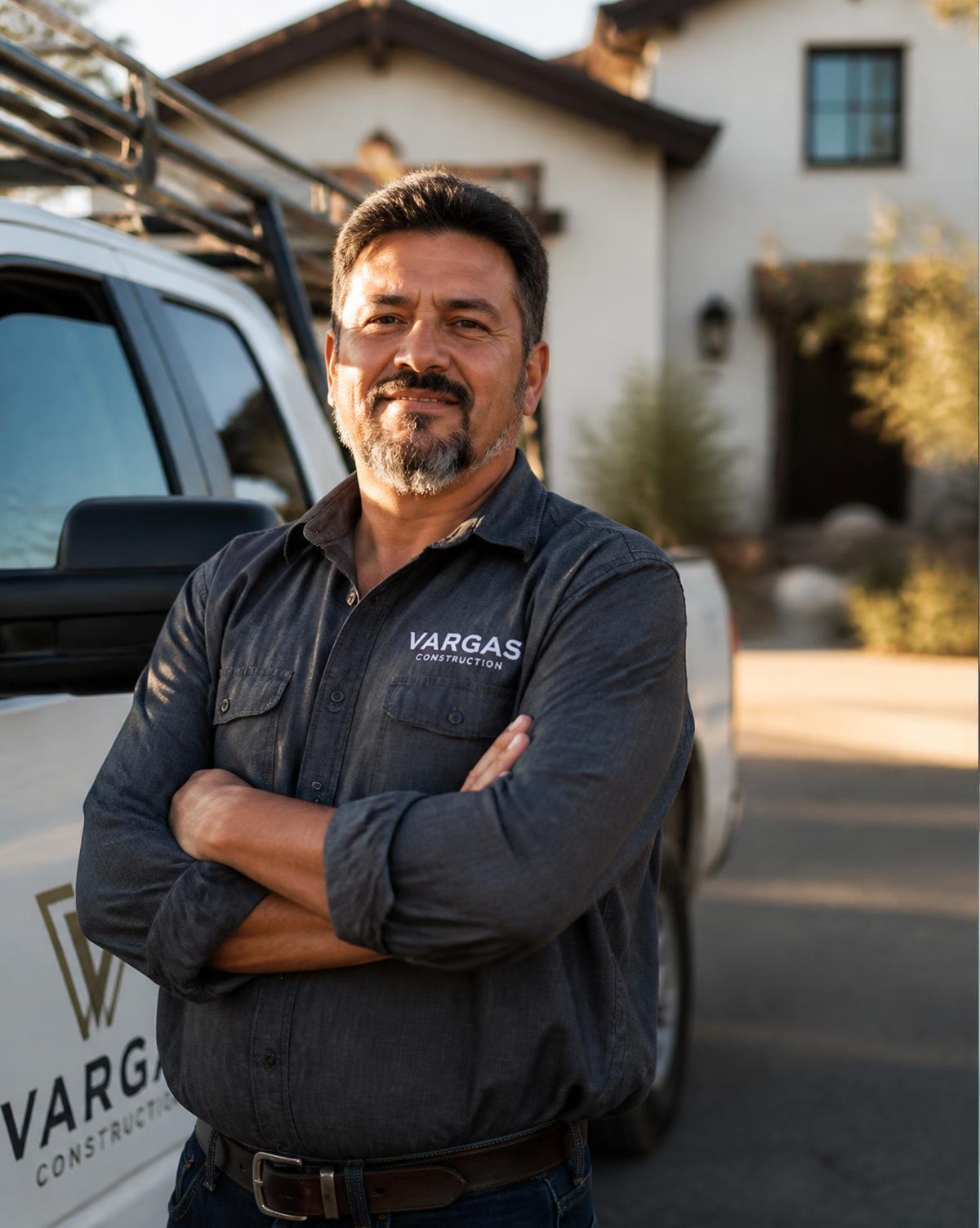 Local contractor and business owner standing in front of his work truck